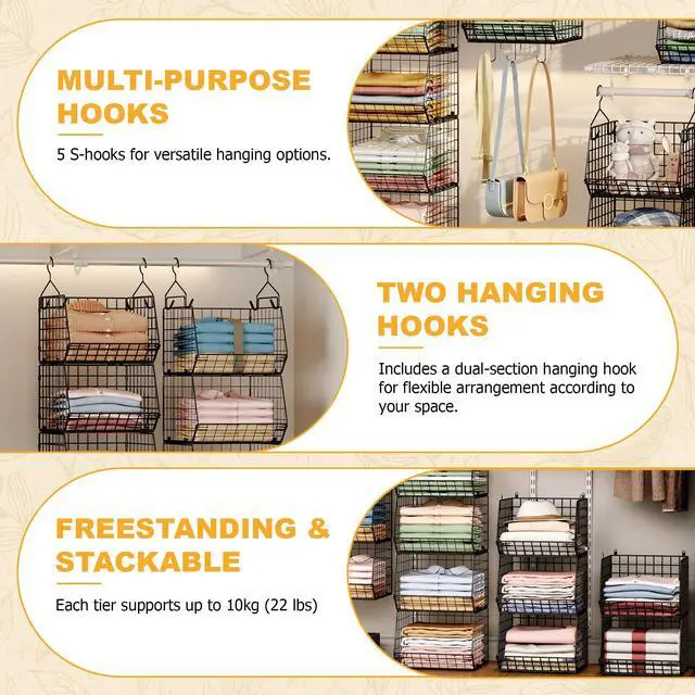 Alt view image 3 of 7 - 7 Tier Foldable Hanging Closet Organizer and Storage,Wire Closet Shelving with 4 Large Hooks+ 5 S Hooks,Hanging Basket for Clothes Sweaters Shoes Handbags,Small Closet Organizers
