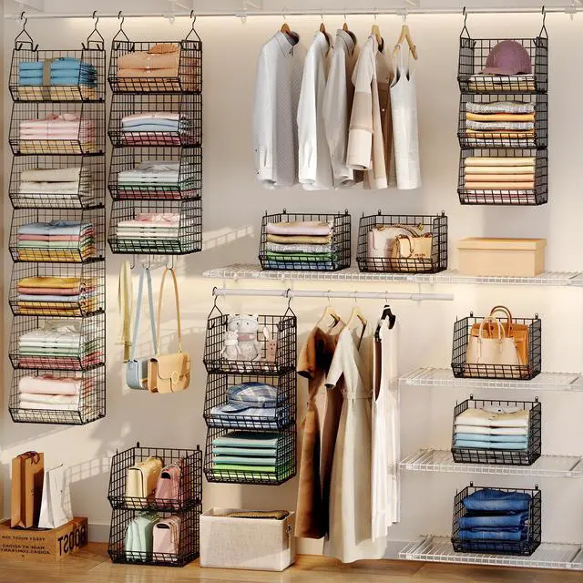 Alt view image 4 of 7 - 7 Tier Foldable Hanging Closet Organizer and Storage,Wire Closet Shelving with 4 Large Hooks+ 5 S Hooks,Hanging Basket for Clothes Sweaters Shoes Handbags,Small Closet Organizers