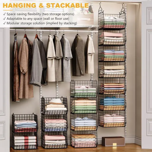 Alt view image 5 of 7 - 7 Tier Foldable Hanging Closet Organizer and Storage,Wire Closet Shelving with 4 Large Hooks+ 5 S Hooks,Hanging Basket for Clothes Sweaters Shoes Handbags,Small Closet Organizers