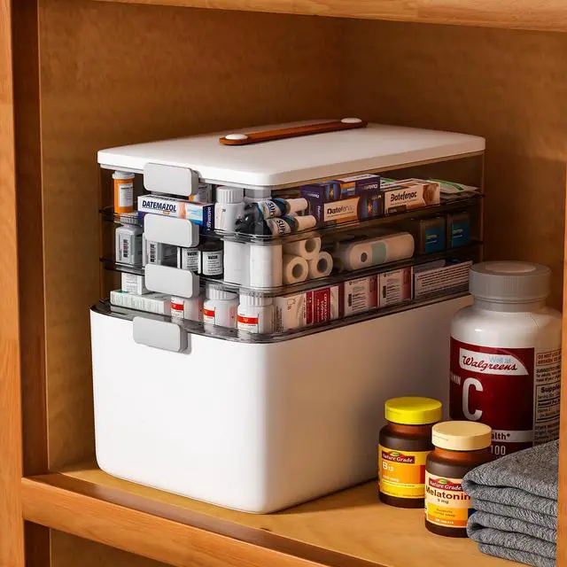 Alt view image 3 of 6 - 4- Tier Medicine Storage Box Organizer Portable First Aid kit Box Sewing, Art, Craft with Handle, Multipurpose Medical Supply Organizer with Removable Tray