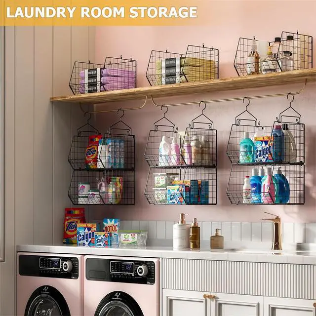 Alt view image 6 of 7 - 7 Tier Foldable Hanging Closet Organizer and Storage,Wire Closet Shelving with 4 Large Hooks+ 5 S Hooks,Hanging Basket for Clothes Sweaters Shoes Handbags,Small Closet Organizers