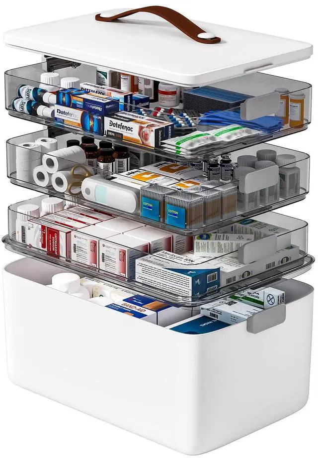 Main image of 4- Tier Medicine Storage Box Organizer Portable First Aid kit Box Sewing, Art, Craft with Handle, Multipurpose Medical Supply Organizer with Removable Tray