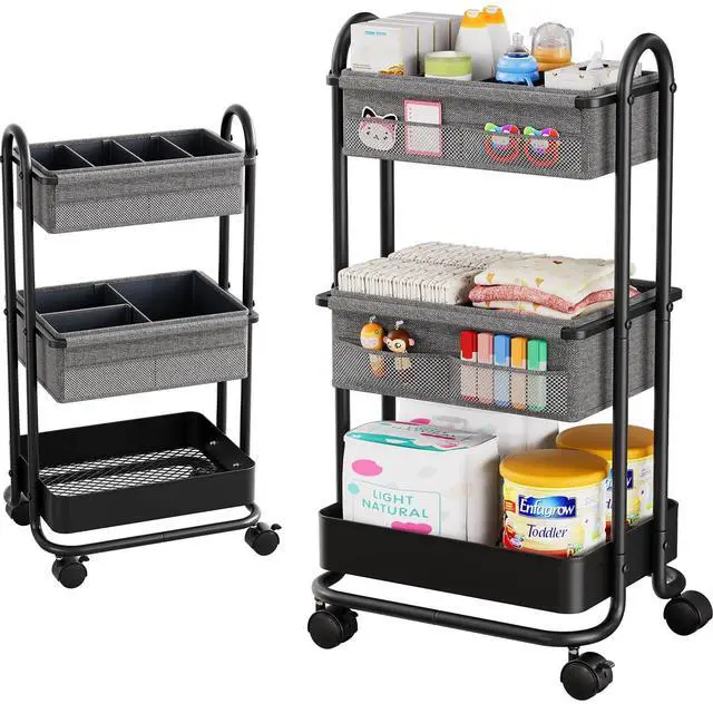 Main image of 3 Tier Rolling Storage Cart with Wheels, Baby Essentials for Nursery Storage, Detachable Dividers - for Crib, Bedroom, Art & Craft Organizer (Black)