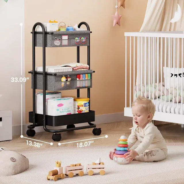 Alt view image 2 of 7 - 3 Tier Rolling Storage Cart with Wheels, Baby Essentials for Nursery Storage, Detachable Dividers - for Crib, Bedroom, Art & Craft Organizer (Black)