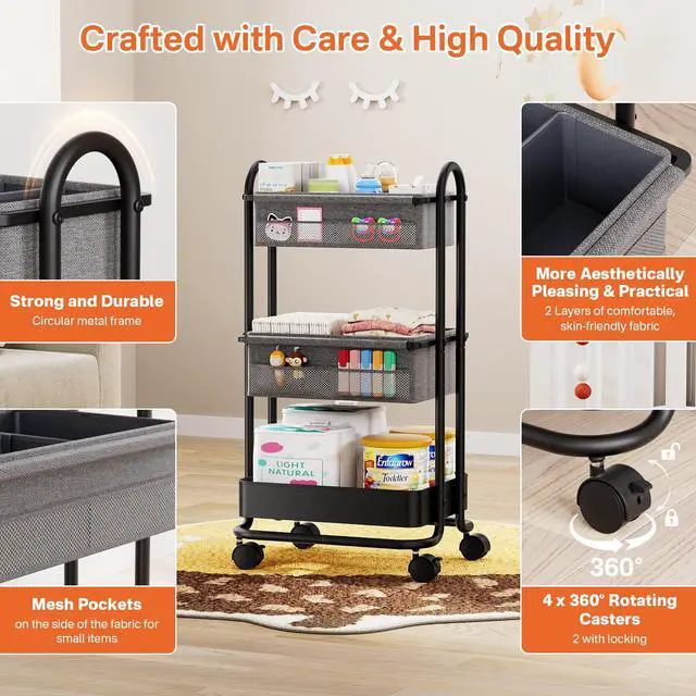 Alt view image 3 of 7 - 3 Tier Rolling Storage Cart with Wheels, Baby Essentials for Nursery Storage, Detachable Dividers - for Crib, Bedroom, Art & Craft Organizer (Black)