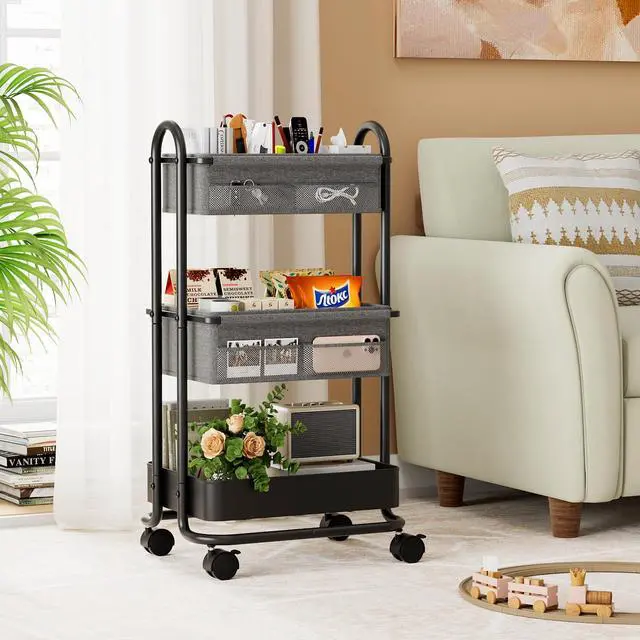 Alt view image 4 of 7 - 3 Tier Rolling Storage Cart with Wheels, Baby Essentials for Nursery Storage, Detachable Dividers - for Crib, Bedroom, Art & Craft Organizer (Black)