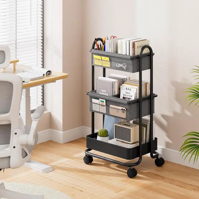 Alt view image 6 of 7 - 3 Tier Rolling Storage Cart with Wheels, Baby Essentials for Nursery Storage, Detachable Dividers - for Crib, Bedroom, Art & Craft Organizer (Black)