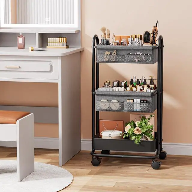 Alt view image 5 of 7 - 3 Tier Rolling Storage Cart with Wheels, Baby Essentials for Nursery Storage, Detachable Dividers - for Crib, Bedroom, Art & Craft Organizer (Black)