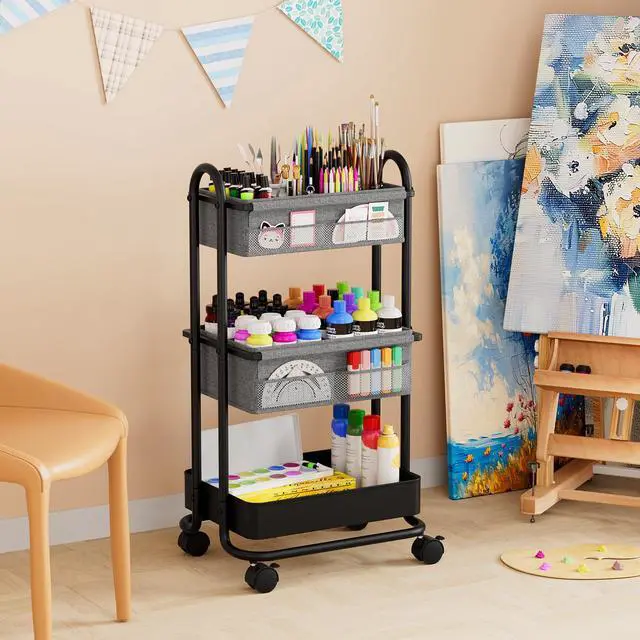 Alt view image 7 of 7 - 3 Tier Rolling Storage Cart with Wheels, Baby Essentials for Nursery Storage, Detachable Dividers - for Crib, Bedroom, Art & Craft Organizer (Black)