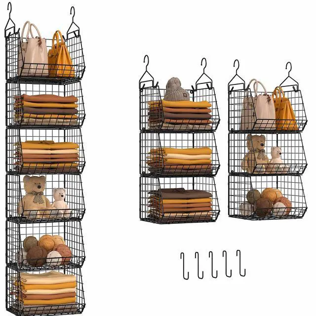 Main image of 6 Tier Closet Hanging Organizer, Clothes Hanging Shelves with 4 Hanging Hooks 5 S Hooks, Wire Storage Basket Bins, for Clothing Sweaters Shoes Handbags Clutches Accessories Patent Design-Black