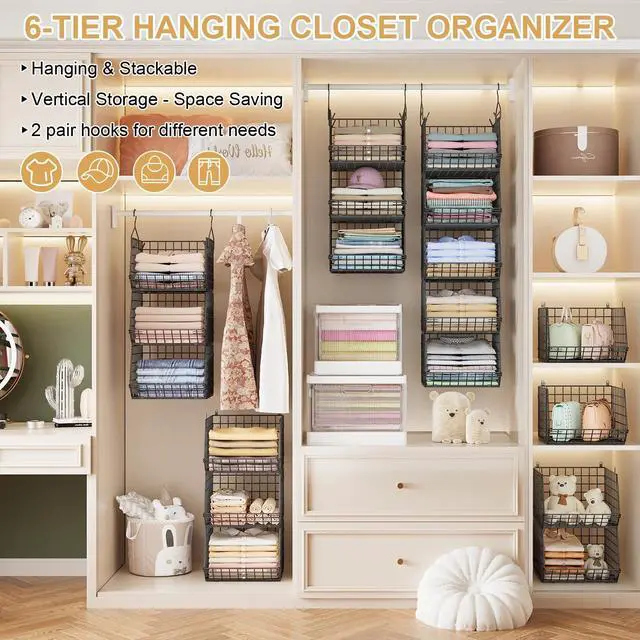Alt view image 2 of 7 - 6 Tier Closet Hanging Organizer, Clothes Hanging Shelves with 4 Hanging Hooks 5 S Hooks, Wire Storage Basket Bins, for Clothing Sweaters Shoes Handbags Clutches Accessories Patent Design-Black