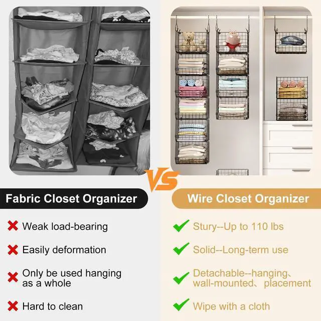 Alt view image 3 of 7 - 6 Tier Closet Hanging Organizer, Clothes Hanging Shelves with 4 Hanging Hooks 5 S Hooks, Wire Storage Basket Bins, for Clothing Sweaters Shoes Handbags Clutches Accessories Patent Design-Black