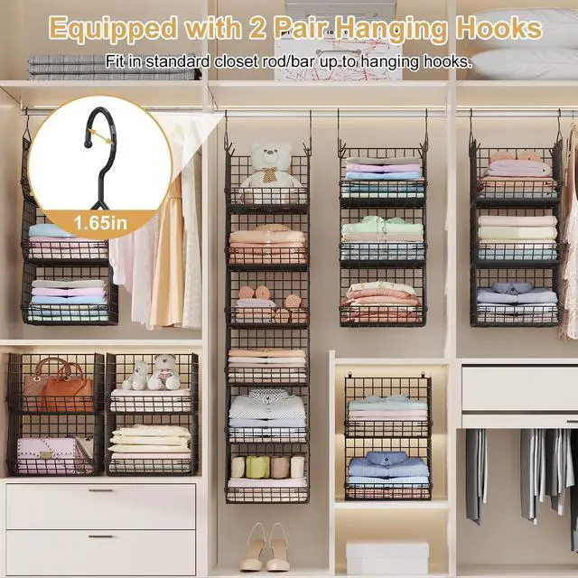 Alt view image 4 of 7 - 6 Tier Closet Hanging Organizer, Clothes Hanging Shelves with 4 Hanging Hooks 5 S Hooks, Wire Storage Basket Bins, for Clothing Sweaters Shoes Handbags Clutches Accessories Patent Design-Black