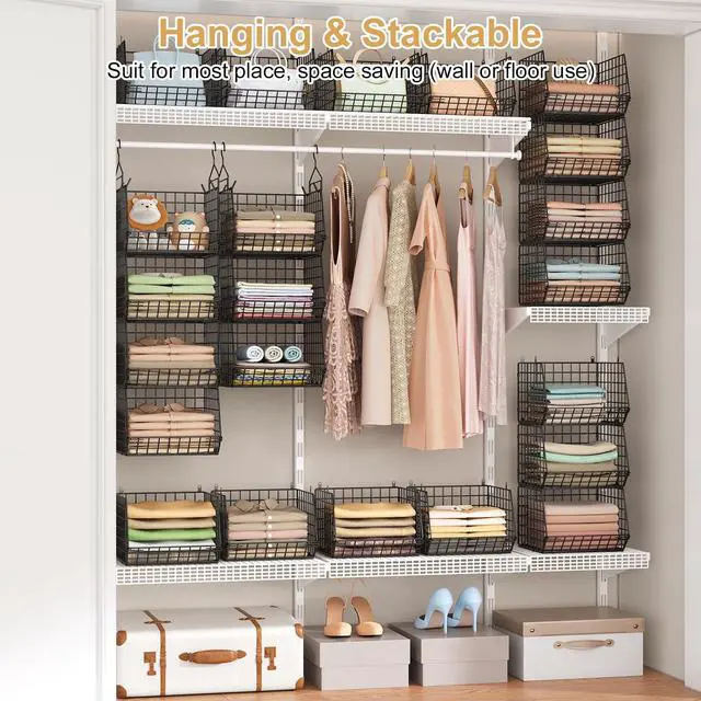 Alt view image 5 of 7 - 6 Tier Closet Hanging Organizer, Clothes Hanging Shelves with 4 Hanging Hooks 5 S Hooks, Wire Storage Basket Bins, for Clothing Sweaters Shoes Handbags Clutches Accessories Patent Design-Black
