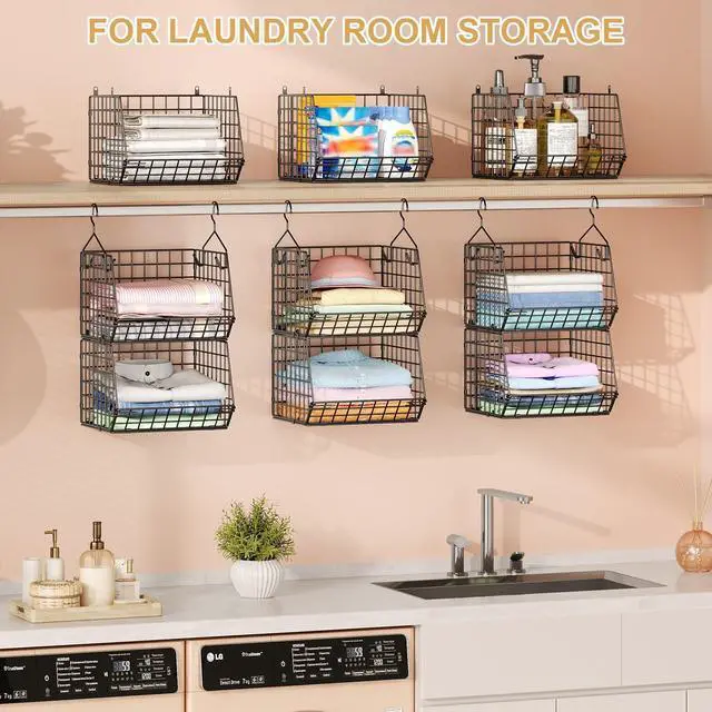 Alt view image 7 of 7 - 6 Tier Closet Hanging Organizer, Clothes Hanging Shelves with 4 Hanging Hooks 5 S Hooks, Wire Storage Basket Bins, for Clothing Sweaters Shoes Handbags Clutches Accessories Patent Design-Black