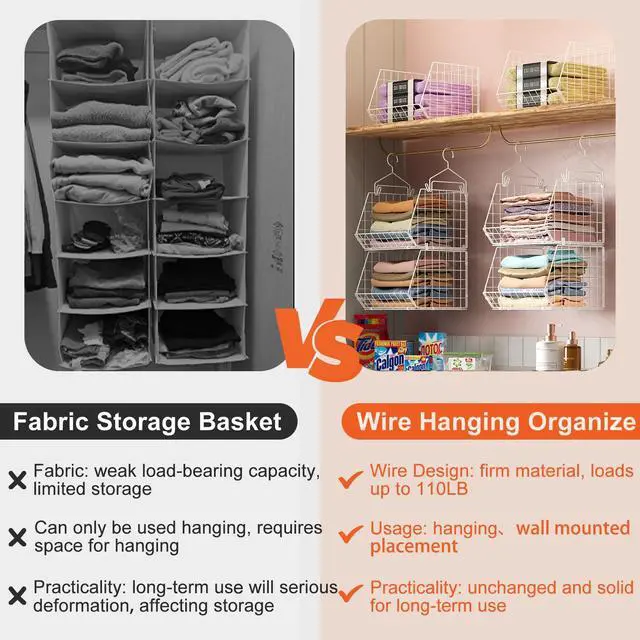 Alt view image 4 of 6 - 6 Tier Closet Hanging Organizer, Clothes Hanging Shelves with 4 Hanging Hooks 5 S Hooks, Wire Storage Basket Bins, for Clothing Sweaters Shoes Handbags Clutches Accessories Patent
