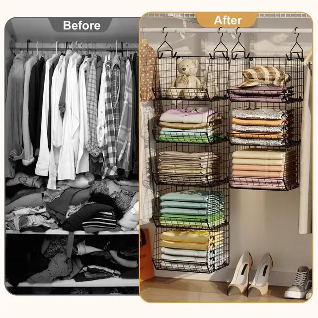 Alt view image 6 of 7 - 6 Tier Closet Hanging Organizer, Clothes Hanging Shelves with 4 Hanging Hooks 5 S Hooks, Wire Storage Basket Bins, for Clothing Sweaters Shoes Handbags Clutches Accessories Patent Design-Black