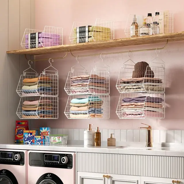 Alt view image 3 of 6 - 6 Tier Closet Hanging Organizer, Clothes Hanging Shelves with 4 Hanging Hooks 5 S Hooks, Wire Storage Basket Bins, for Clothing Sweaters Shoes Handbags Clutches Accessories Patent