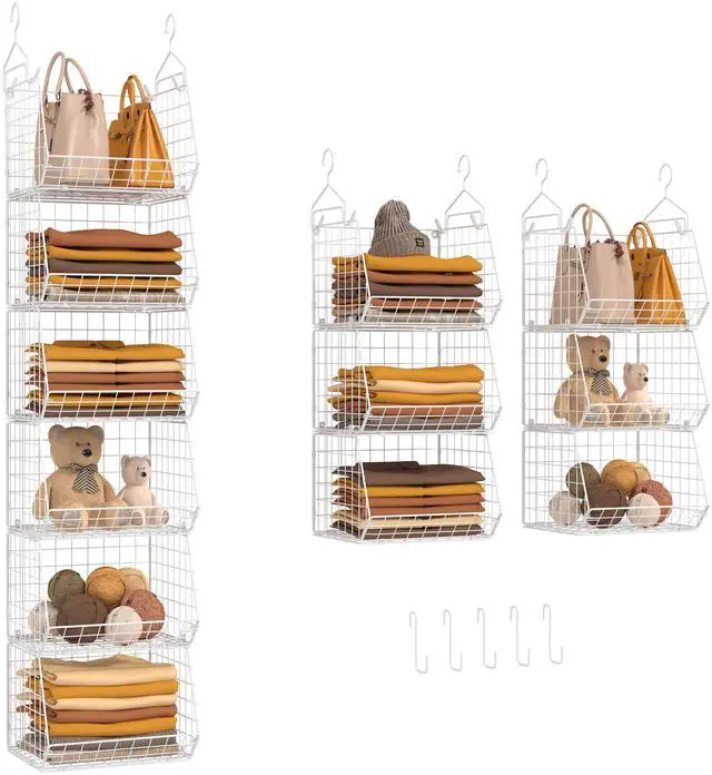 Main image of 6 Tier Closet Hanging Organizer, Clothes Hanging Shelves with 4 Hanging Hooks 5 S Hooks, Wire Storage Basket Bins, for Clothing Sweaters Shoes Handbags Clutches Accessories Patent
