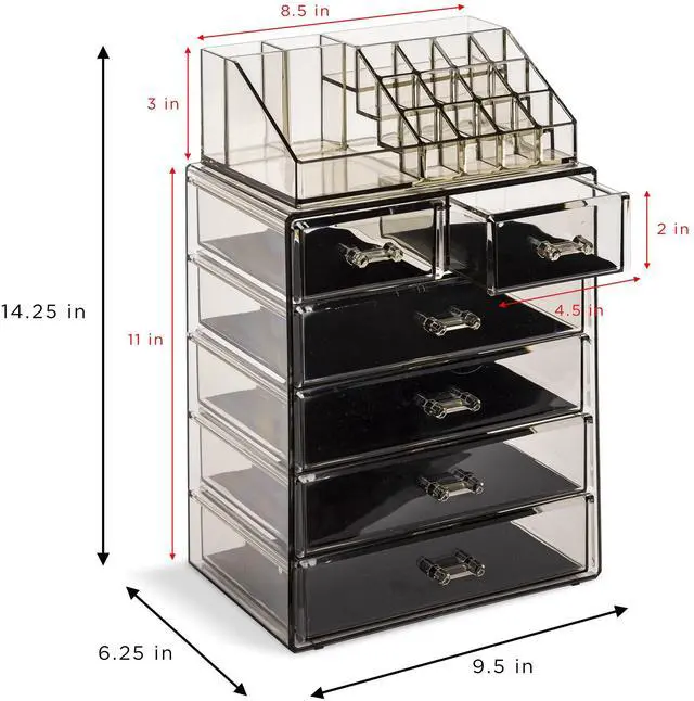 Alt view image 4 of 7 - Acrylic Makeup Organizer Set, 6-Drawer Vanity & Countertop Cosmetic Storage with Small & Wide Compartments, Black-Tint Makeup Storage for Brushes, Jewelry Holiday Gift for Women & Teens
