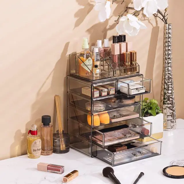 Alt view image 5 of 7 - Acrylic Makeup Organizer Set, 6-Drawer Vanity & Countertop Cosmetic Storage with Small & Wide Compartments, Black-Tint Makeup Storage for Brushes, Jewelry Holiday Gift for Women & Teens