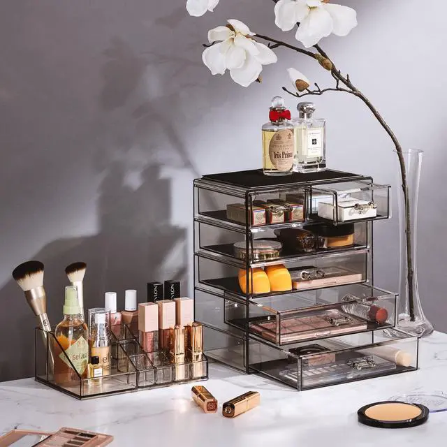 Alt view image 3 of 7 - Acrylic Makeup Organizer Set, 6-Drawer Vanity & Countertop Cosmetic Storage with Small & Wide Compartments, Black-Tint Makeup Storage for Brushes, Jewelry Holiday Gift for Women & Teens