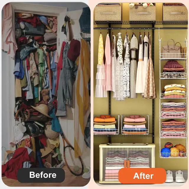 Alt view image 5 of 6 - 6 Tier Closet Hanging Organizer, Clothes Hanging Shelves with 4 Hanging Hooks 5 S Hooks, Wire Storage Basket Bins, for Clothing Sweaters Shoes Handbags Clutches Accessories Patent