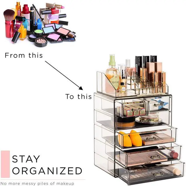 Alt view image 7 of 7 - Acrylic Makeup Organizer Set, 6-Drawer Vanity & Countertop Cosmetic Storage with Small & Wide Compartments, Black-Tint Makeup Storage for Brushes, Jewelry Holiday Gift for Women & Teens