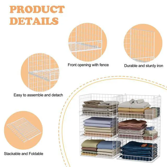 Alt view image 5 of 7 - 6-Tier Stackable Closet Organizers and Storage Shelves, Closet Shelf Organizer Basket Bins, Foldable Sweater Storage for Clothes Organizer System, WhitePatent No. 30022416