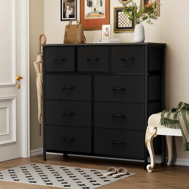 Alt view image 2 of 7 - Dresser for Bedroom, 9 Storage Drawers, Wide Fabric Closet Chests Organizer Tower Furniture, TV Stand with Wooden Top Metal Frame for Clothes, Living Room, Hallway, Entryway, Classic Grey