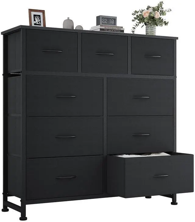 Main image of Dresser for Bedroom, 9 Storage Drawers, Wide Fabric Closet Chests Organizer Tower Furniture, TV Stand with Wooden Top Metal Frame for Clothes, Living Room, Hallway, Entryway, Classic Grey