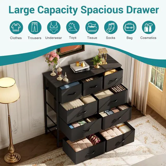 Alt view image 4 of 7 - Dresser for Bedroom, 9 Storage Drawers, Wide Fabric Closet Chests Organizer Tower Furniture, TV Stand with Wooden Top Metal Frame for Clothes, Living Room, Hallway, Entryway, Classic Grey
