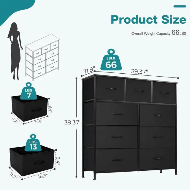 Alt view image 6 of 7 - Dresser for Bedroom, 9 Storage Drawers, Wide Fabric Closet Chests Organizer Tower Furniture, TV Stand with Wooden Top Metal Frame for Clothes, Living Room, Hallway, Entryway, Classic Grey