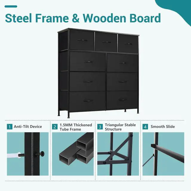 Alt view image 7 of 7 - Dresser for Bedroom, 9 Storage Drawers, Wide Fabric Closet Chests Organizer Tower Furniture, TV Stand with Wooden Top Metal Frame for Clothes, Living Room, Hallway, Entryway, Classic Grey