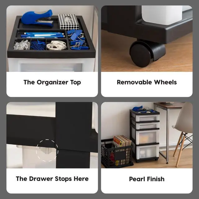 Alt view image 7 of 7 - Plastic Drawer Storage Organizer Rolling Cart, with Wheels Casters, 4-Drawers, for Classroom Art Craft Supplies Dresser Closet Bathroom Laundry Room, Black/Pearl