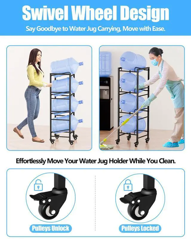 Alt view image 2 of 7 - 4 Tier 5 Gallon Water Jug Holder with 4 Lockable Wheels - Water Bottle Rack Organizer with Movable Casters, Heavy Duty Water Storage Rack Dispenser Stand for Kitchen Office Garage/Black