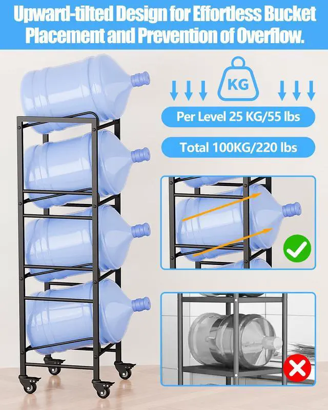Alt view image 5 of 7 - 4 Tier 5 Gallon Water Jug Holder with 4 Lockable Wheels - Water Bottle Rack Organizer with Movable Casters, Heavy Duty Water Storage Rack Dispenser Stand for Kitchen Office Garage/Black