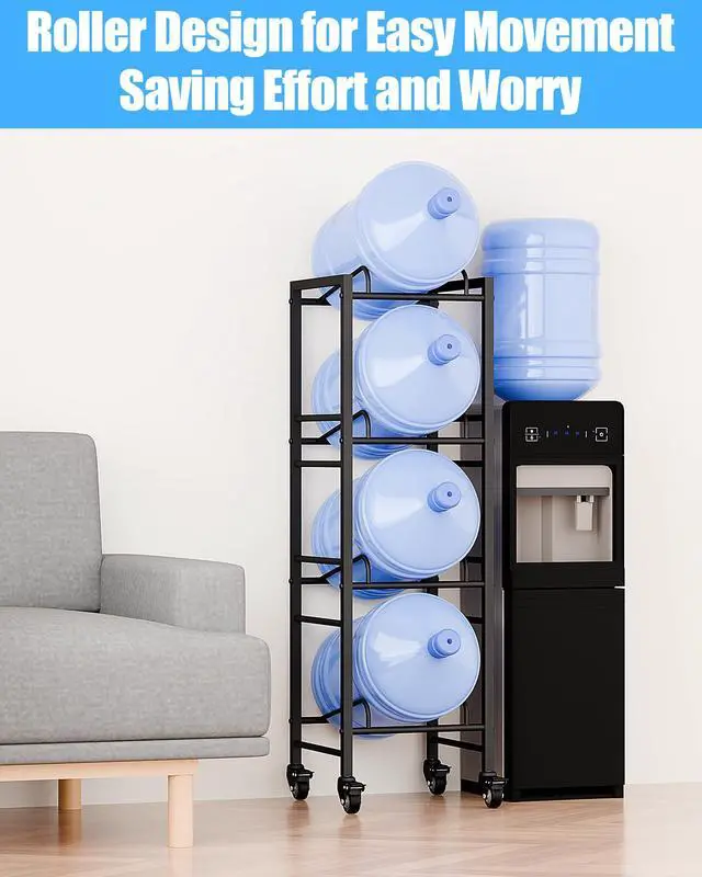 Alt view image 7 of 7 - 4 Tier 5 Gallon Water Jug Holder with 4 Lockable Wheels - Water Bottle Rack Organizer with Movable Casters, Heavy Duty Water Storage Rack Dispenser Stand for Kitchen Office Garage/Black