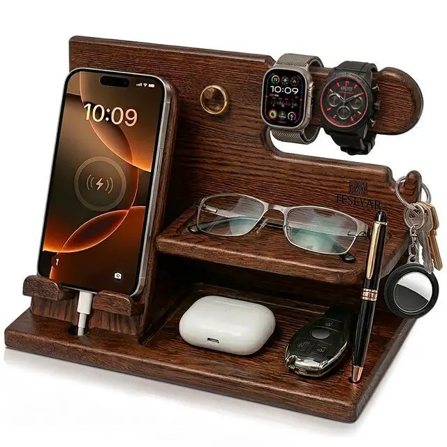 Main image of Wood Phone Docking Station for Men - Desk or Nightstand Organizer - Birthday Gifts for Husband, Dad - Anniversary Idea from Wife - Key Holder, Stand Wallet, Watch & Essentials (Bourbon Brown)
