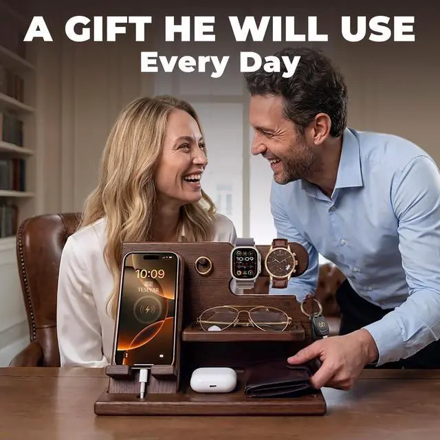 Alt view image 2 of 7 - Wood Phone Docking Station for Men - Desk or Nightstand Organizer - Birthday Gifts for Husband, Dad - Anniversary Idea from Wife - Key Holder, Stand Wallet, Watch & Essentials (Bourbon Brown)