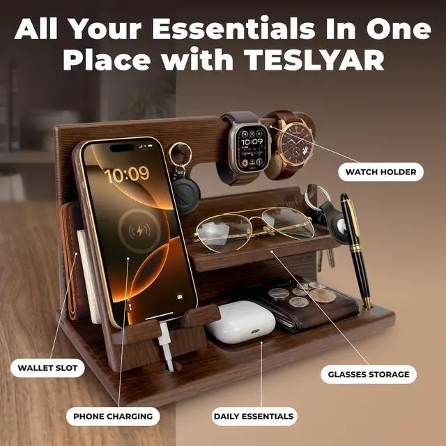 Alt view image 4 of 7 - Wood Phone Docking Station for Men - Desk or Nightstand Organizer - Birthday Gifts for Husband, Dad - Anniversary Idea from Wife - Key Holder, Stand Wallet, Watch & Essentials (Bourbon Brown)