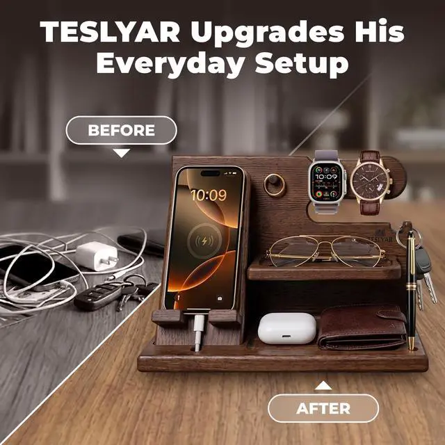 Alt view image 3 of 7 - Wood Phone Docking Station for Men - Desk or Nightstand Organizer - Birthday Gifts for Husband, Dad - Anniversary Idea from Wife - Key Holder, Stand Wallet, Watch & Essentials (Bourbon Brown)