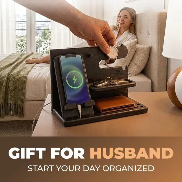 Alt view image 7 of 7 - Wood Phone Docking Station for Men - Desk or Nightstand Organizer - Birthday Gifts for Husband, Dad - Anniversary Idea from Wife - Key Holder, Stand Wallet, Watch & Essentials (Bourbon Brown)