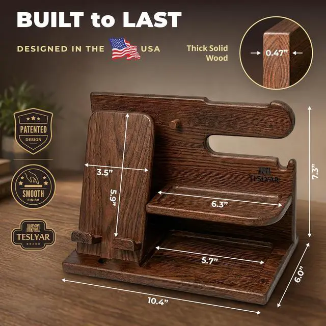 Alt view image 5 of 7 - Wood Phone Docking Station for Men - Desk or Nightstand Organizer - Birthday Gifts for Husband, Dad - Anniversary Idea from Wife - Key Holder, Stand Wallet, Watch & Essentials (Bourbon Brown)