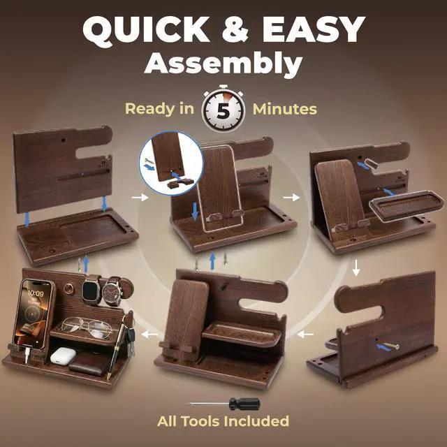 Alt view image 6 of 7 - Wood Phone Docking Station for Men - Desk or Nightstand Organizer - Birthday Gifts for Husband, Dad - Anniversary Idea from Wife - Key Holder, Stand Wallet, Watch & Essentials (Bourbon Brown)