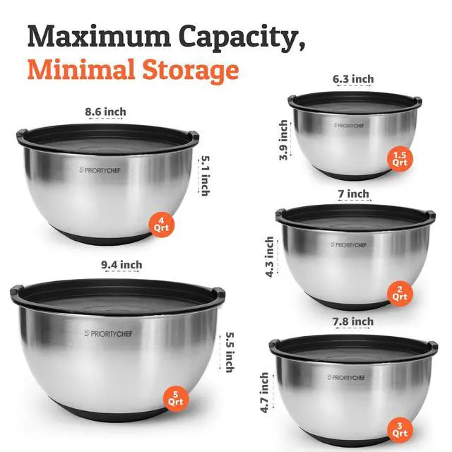 Alt view image 3 of 7 - Premium Mixing Bowls With Lids Set, Airtight Lids, Thicker Stainless Steel, Non-Slip Base, 5 Nesting Steel Bowls for Kitchen, Large Prep Metal Bowl Set 1.5/2/3/4/5 Qt, Black