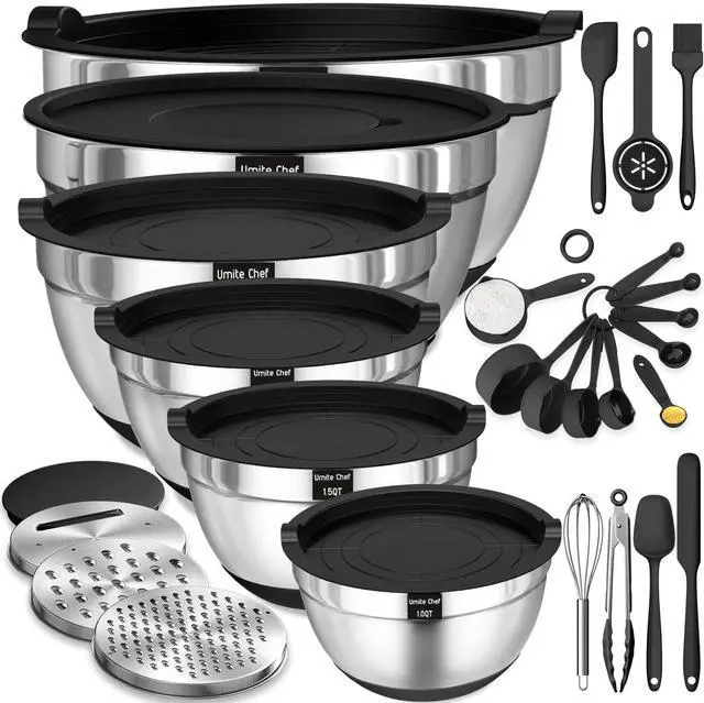 Main image of Thickened Heavy-Duty 26pcs Stainless Steel Bowl, Mixing Bowl Set with Lid, Grater Attachment, Non-Slip Bottom and Kitchen Gadget Set, Sizes 7, 4, 2.5, 2.0, 1.5, 1QT, Ideal for Mixing and Serving