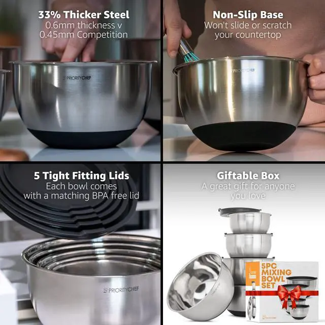 Alt view image 2 of 7 - Premium Mixing Bowls With Lids Set, Airtight Lids, Thicker Stainless Steel, Non-Slip Base, 5 Nesting Steel Bowls for Kitchen, Large Prep Metal Bowl Set 1.5/2/3/4/5 Qt, Black