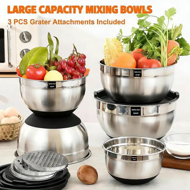 Alt view image 3 of 6 - Thickened Heavy-Duty 26pcs Stainless Steel Bowl, Mixing Bowl Set with Lid, Grater Attachment, Non-Slip Bottom and Kitchen Gadget Set, Sizes 7, 4, 2.5, 2.0, 1.5, 1QT, Ideal for Mixing and Serving