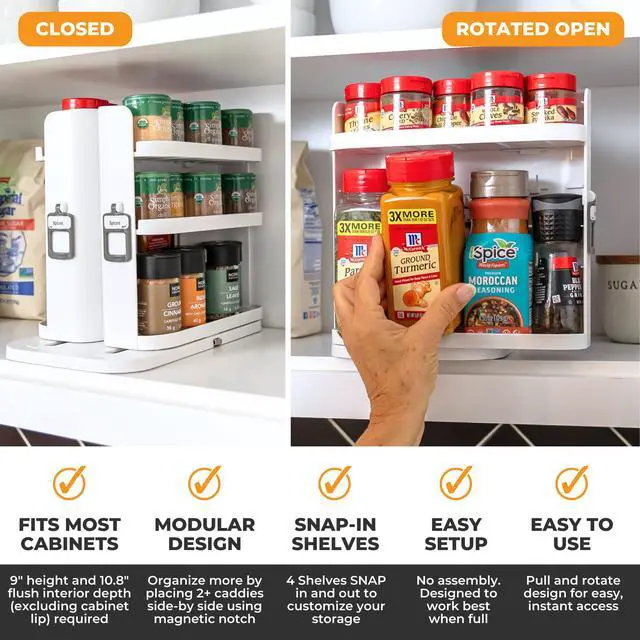 Alt view image 3 of 7 - Spice Rack Organizer for Cabinet - Slide & Rotate Seasoning Organizer - 4 Snap-In Adjustable Shelves for 5 Tier of Storage - Magnetic Modular Design - 8.9H x 6.1W x 10.8D